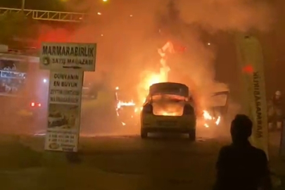 Gemlik'te seyir halindeki taksi alevler içinde yandı