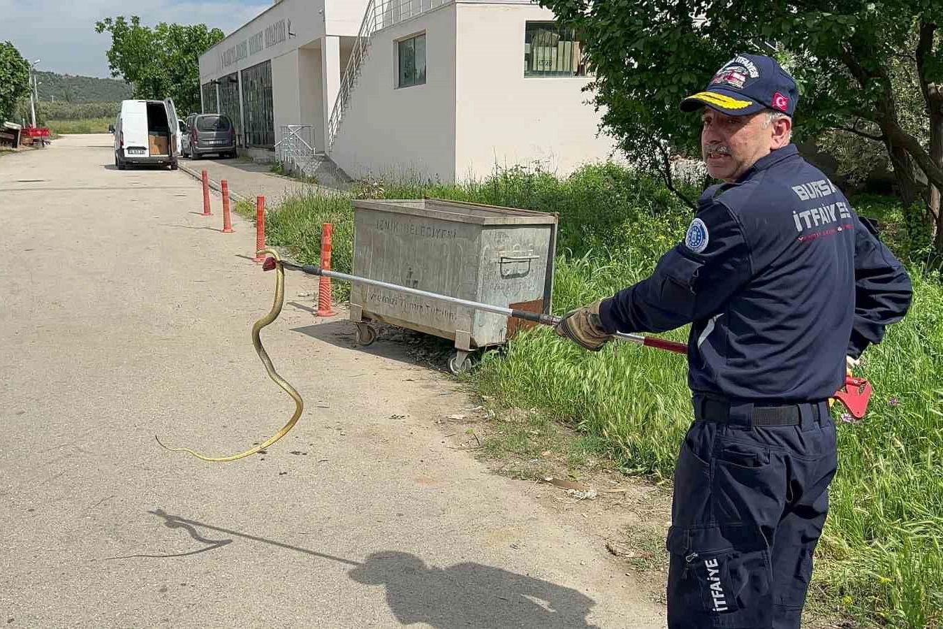 Polis arabasına giren yılanı itfaiye ekibi çıkardı